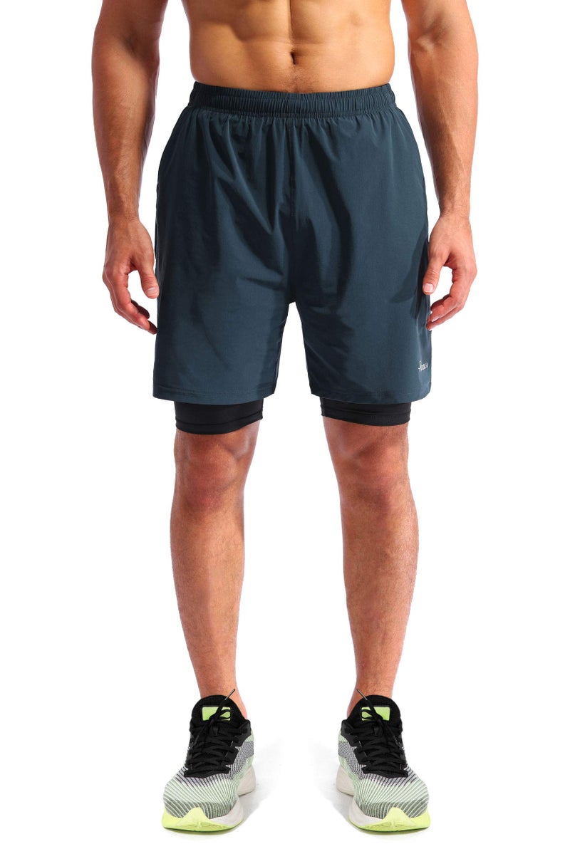 Pudolla Menâ€™s 2 in 1 Running Shorts 7" Quick Dry Gym Athletic Workout Shorts for Men with Phone Pockets(Navy Blue Large) - Image 2